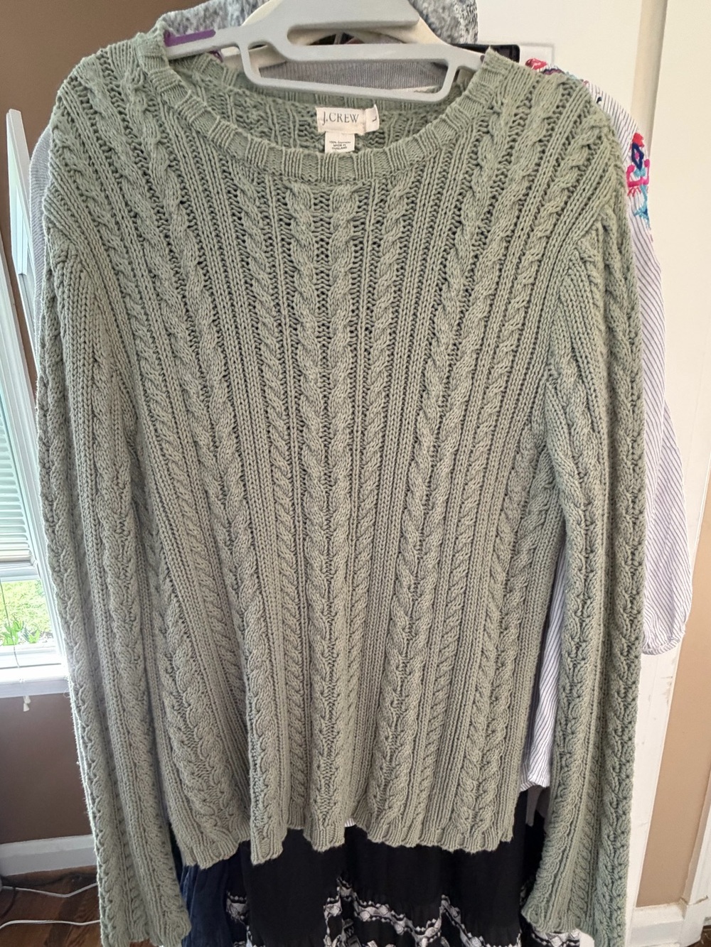 J. Crew Sage Green Cable Knit Crewneck Sweater, Like New, L